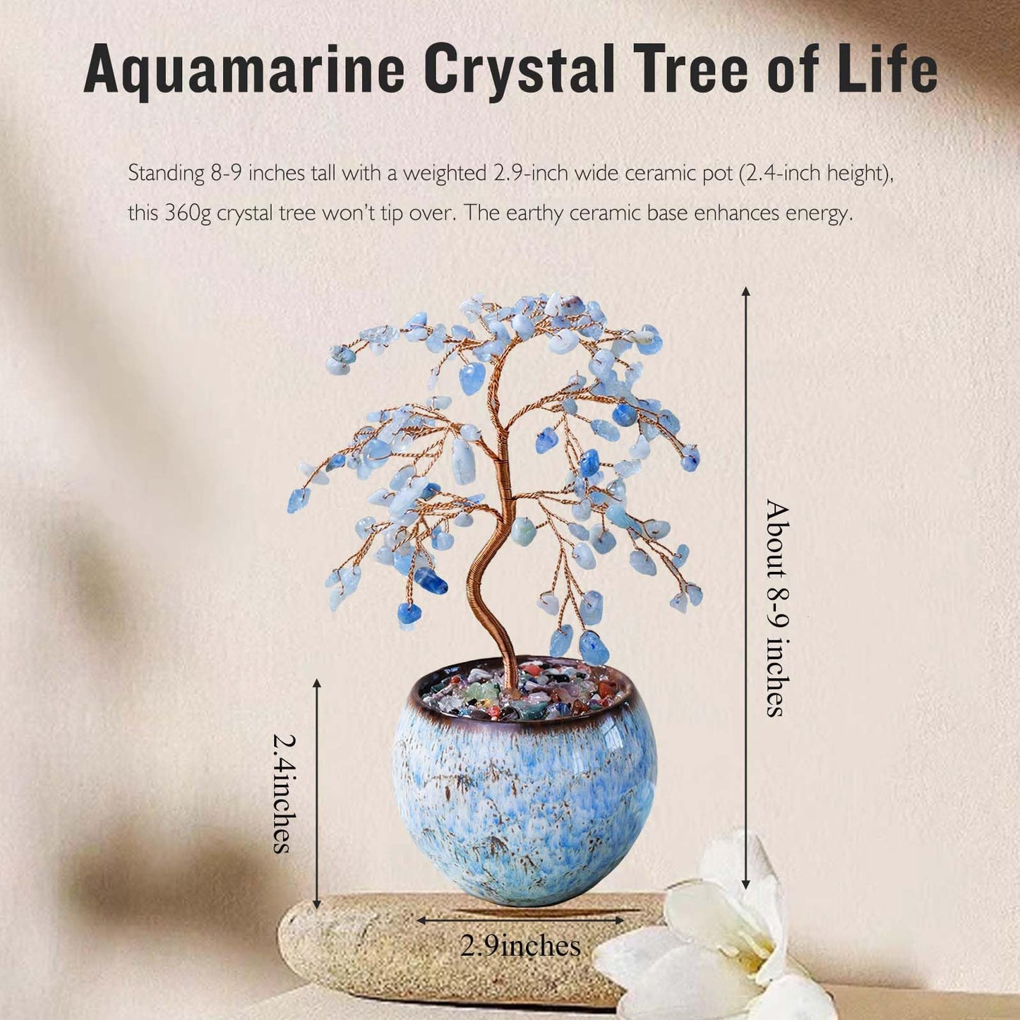 Runyangshi Aquamarine Crystal Tree of Life - 8" Large Natural Chakra Healing Crystal Tree, Bringing Money, Good Luck, Positive Energy for Home Decor, Feng Shui Gifts, Office Desk Ornament