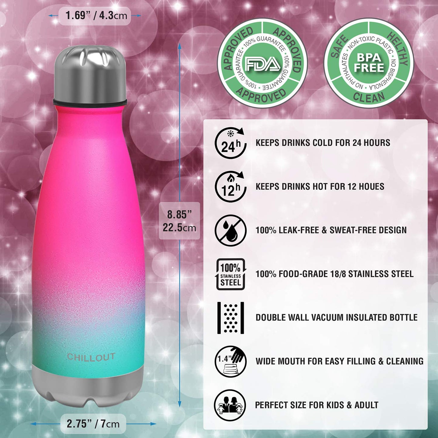 CHILLOUT LIFE Stainless Steel Water Bottle for Kids School: 12 oz Double Wall Insulated Cola Bottle Shape for Cold and Warm Drinks, BPA Free Metal Sports Bottle for Boys, Girls & Women