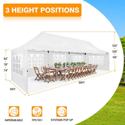 COBIZI 10x30 Pop up Canopy with Roller Bag & 8 Removable Sidewalls, Canopy Tent for Parties, Wedding, and Commercials, Waterproof and Instant Shelter UV50+ Outdoor Gazebo with 4 Sandbags(White)