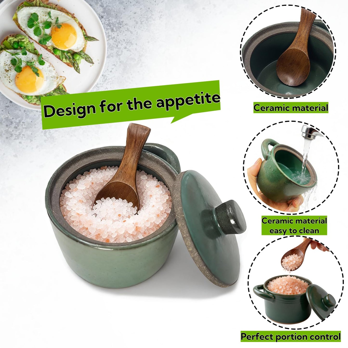 Vziokk Speckled Ceramic Salt Cellar with Lid, Countertop Salt Container, Sugar Bowl, Heavyweight Spices Jar, Rustic Farmhouse Salt Pepper for Storage Powde, Sugar, Salt (Green)