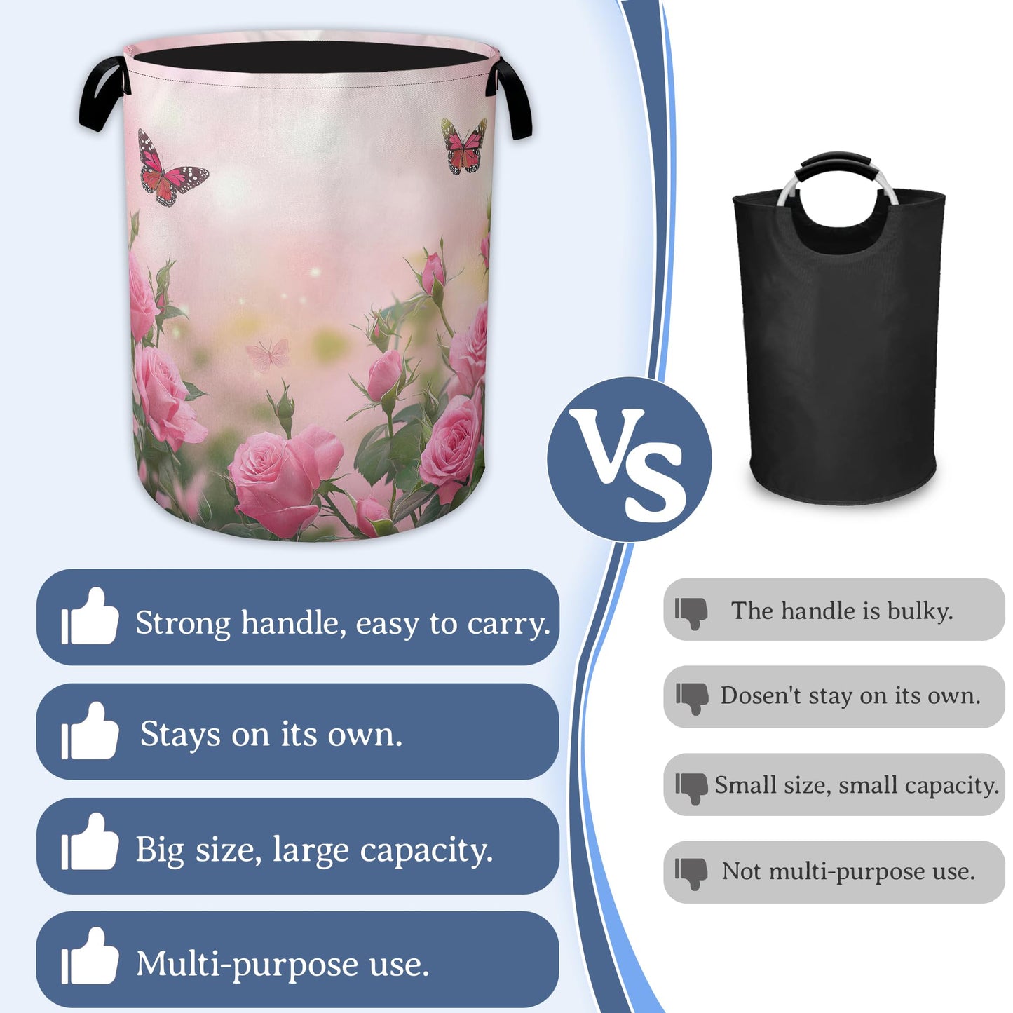 Butterfly Laundry Basket,Oxford Cloth Pink Rose Laundry Hamper With Handle Foldable Portable Clothes Storage Basket for Laundry Room/Bedroom/Bathroom 20.8"x16"