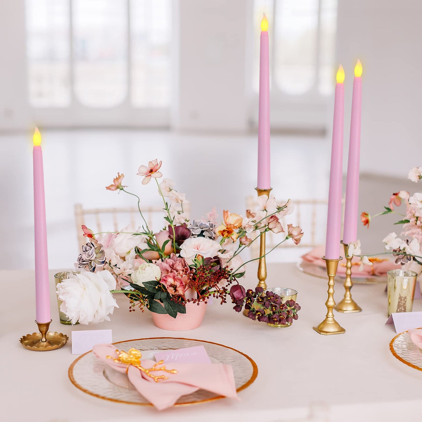 Ni-JASW Pink Flameless Taper Candles with Remote, Flickering Battery LED Candlesticks Spring Home Decor Set of 6