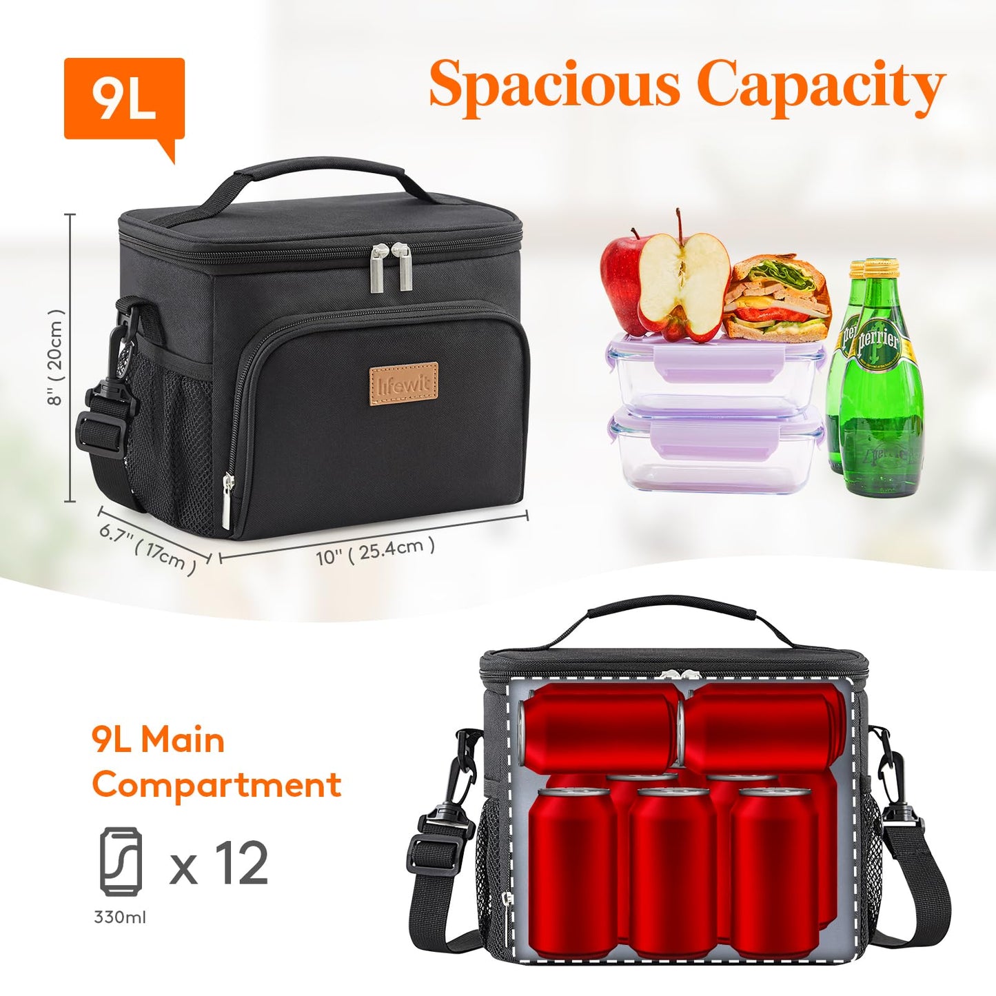 Lifewit Insulated Lunch Bag for Men, Thermal Lunch Box for Women Cool Bag, Reusable Leakproof Lunch Tote Bag with Adjustable Shoulder Strap for Adult for Work/Picnic/Beach, Black 9L