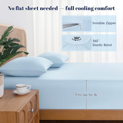 PHF Cooling Fitted Sheet Set Queen Size for Hot Sleepers, Q-Max > 0.4, Silky Soft & Breathable, Ideal for Night Sweats & Summer, 1 Fitted Sheet & 2 Pillowcases, Fits Up to 16", Ice Blue