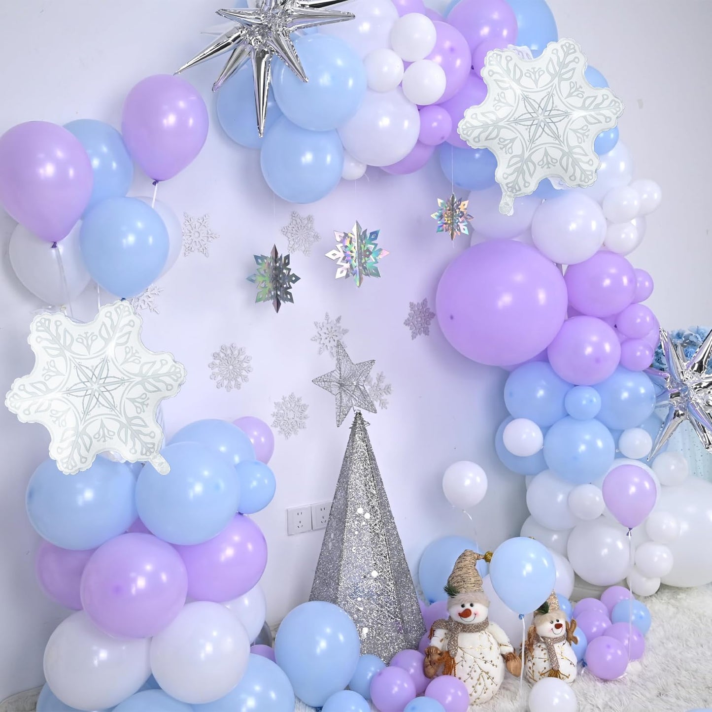 Winter Wonderland Balloon Arch Garland Kit, Baby Blue Purple Balloons with Spike Star Snowflake Foil Balloons for Ice Wonderland Christmas Baby Shower Snow Princess Birthday Party Decorations Supplies