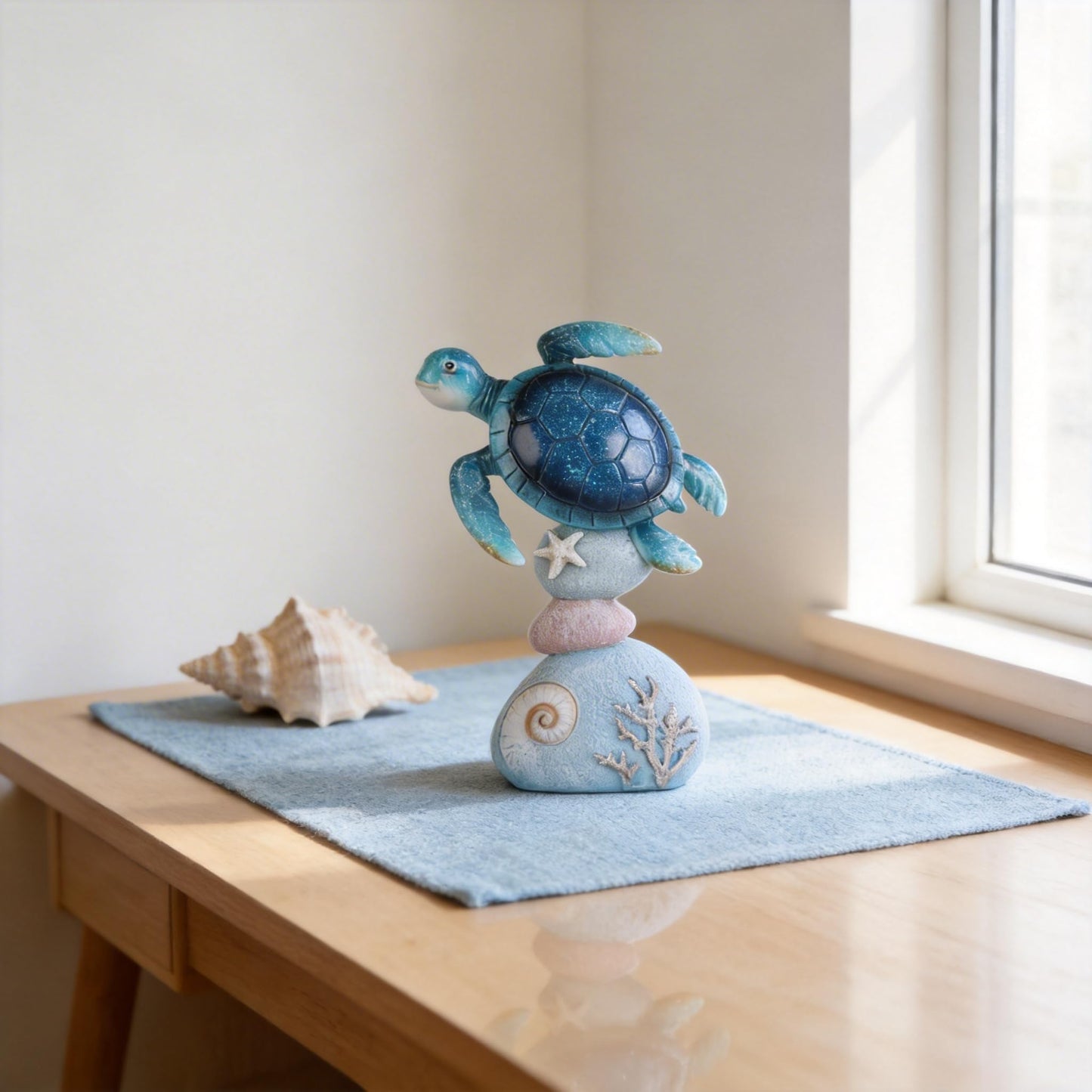 DOVDOV Blue Sea Turtle Statue, Ocean-Themed Coastal Home Decor; Perfect for Bookshelves, Coffee Tables, desks, Living Rooms, Beach Houses, and Nautical-Themed Gifts. (Blue)
