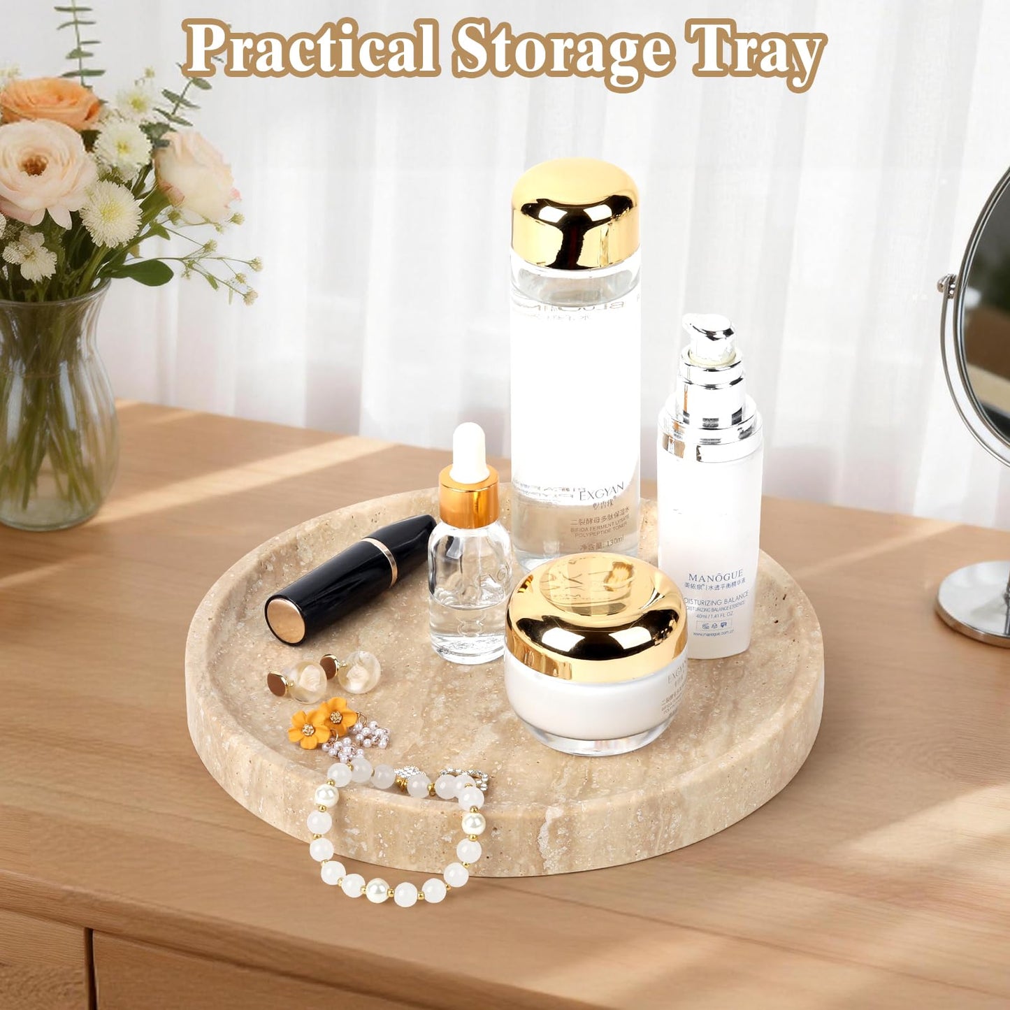 Moujings Natural Travertine Vanity Tray - Decorative Stone Marble Tray for Bathroom Countertop, Elegant Organizer for Home Decor, Jewelry, Candle, Makeup, Kitchen and Dresser Decor