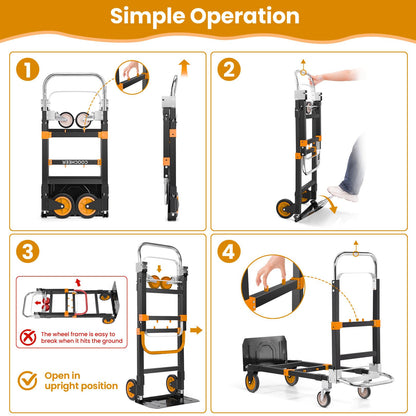 3-in-1 Convertible Heavy Duty Folding Hand Truck Dolly, 600LB Capacity with Rubber& Wheels Telescoping Handles, Portable Collapsible Cart for Warehouse, Supermarket, Office (Orange)