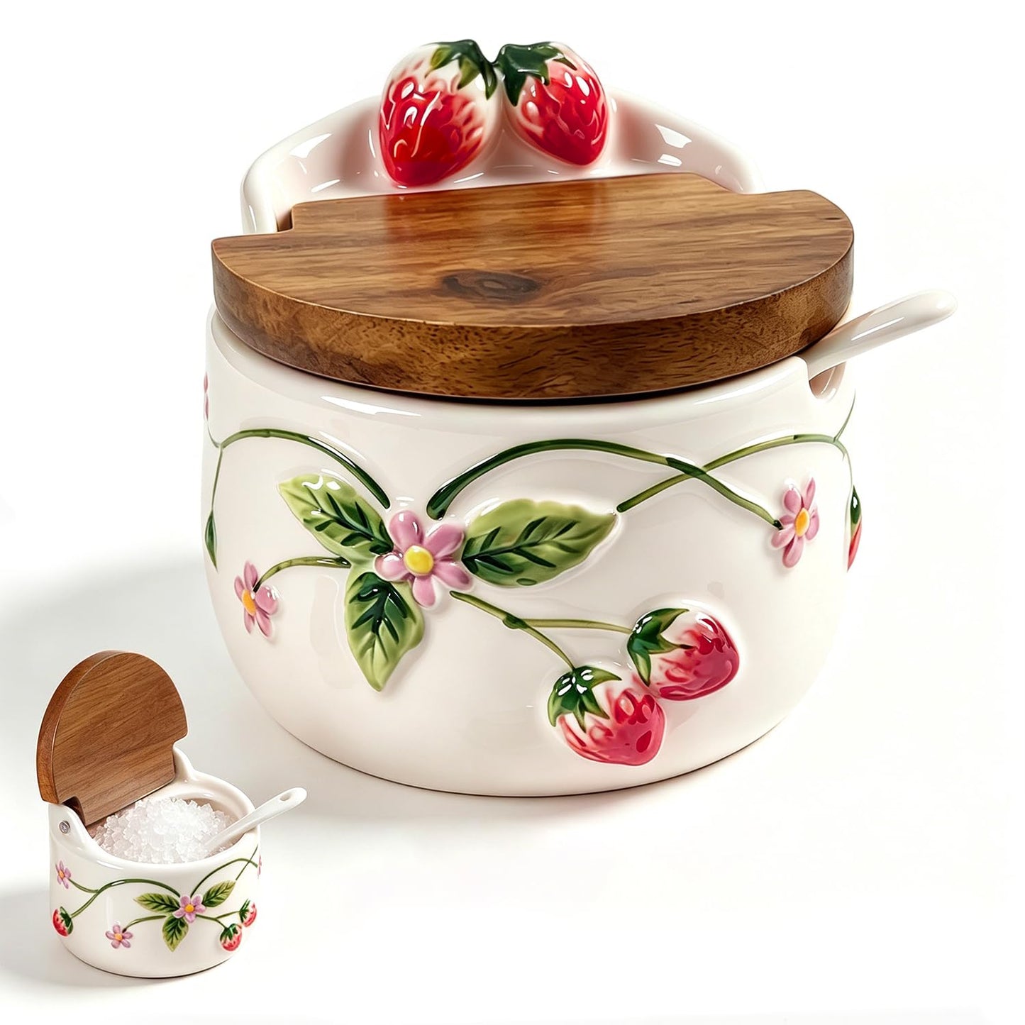 Salt Cellar, 13.5 oz Ceramic Salt Cellar with Lid and Spoon - Strawberry 3D Relief Design Seasoning Jar with Acacia Wood Lid, Suitable for Salt, Sugar, Pepper - Kitchen Countertop Storage Container