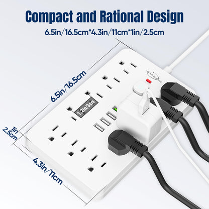 6 FT Flat Plug Surge Protector Power Strip,11 Multiple AC Outlets with 6 USB Ports (2 USB C), 6 Feet Extension Cord, 1250W/10A, One Touch Switch Button, 17 in 1 Compact powerstrip