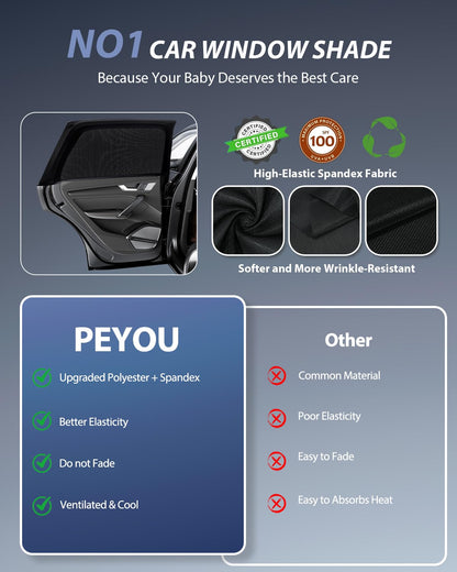 PEYOU Car Window Shades for Baby 2 Pack, Stretchable & Breathable Spandex Rear Car Sun Shade for Baby Effectively Blocks UV Rays & Sun Glare & Mosquito for Kids/Adults/Pets- 44.9"X19.7" Fits 99% Cars