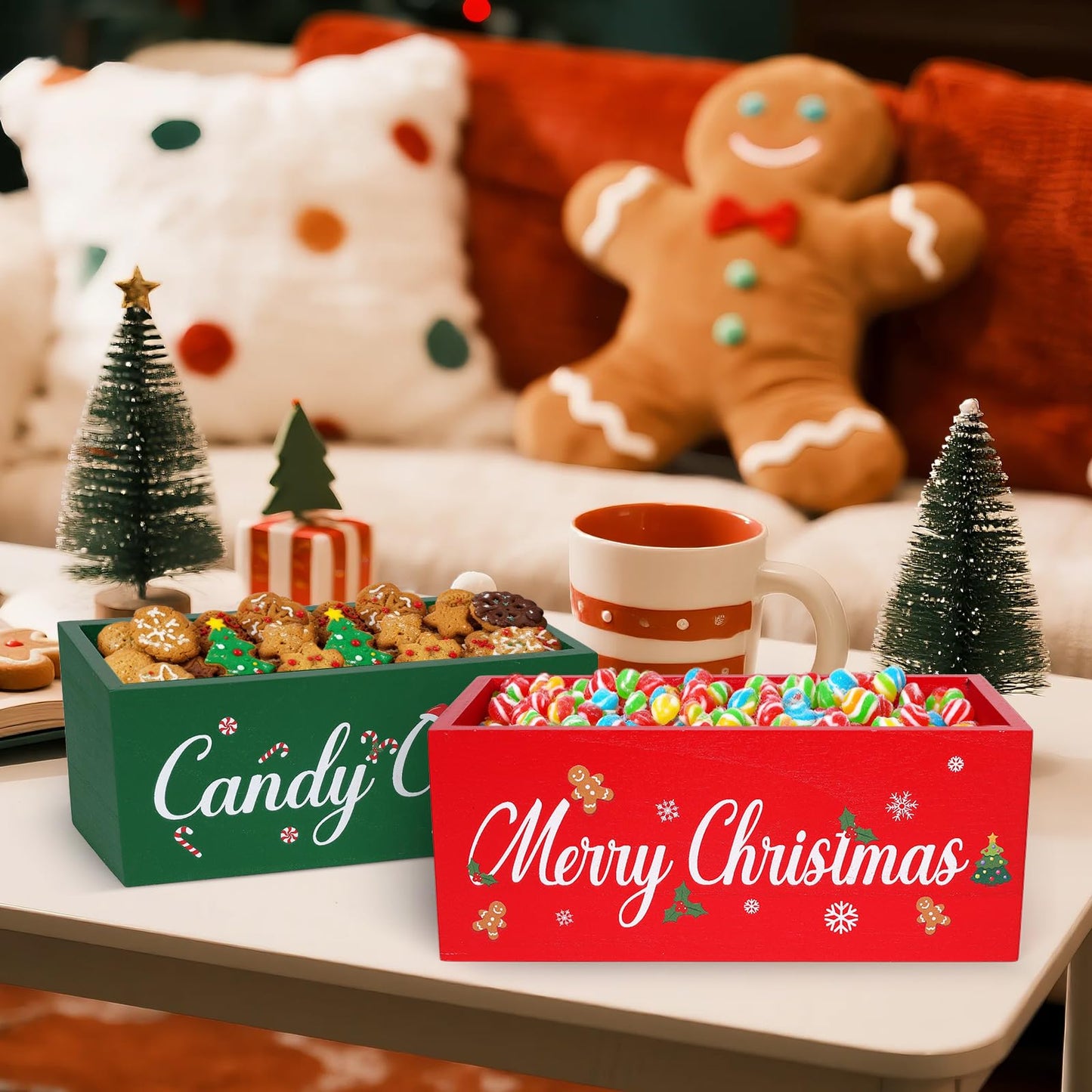 OAXNTGW 2 Pcs Merry Christmas Bowl Dish Xmas Party Supplies Candy Canes Wooden Candy Dish Serving Holder for Table Red Green Serving Dish for Corn Holiday Hot Cocoa Bar
