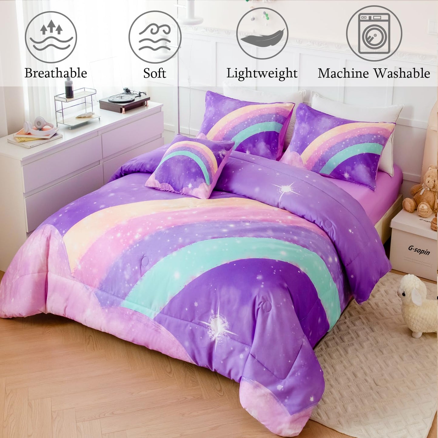 ANGIYUIN Deep Purple Girls Full Size Comforter Set Gradient Glitter Kids Bedding Sets 6 Pieces Soft Lightweight Galaxy Bed in A Bag with Sheets for Teens