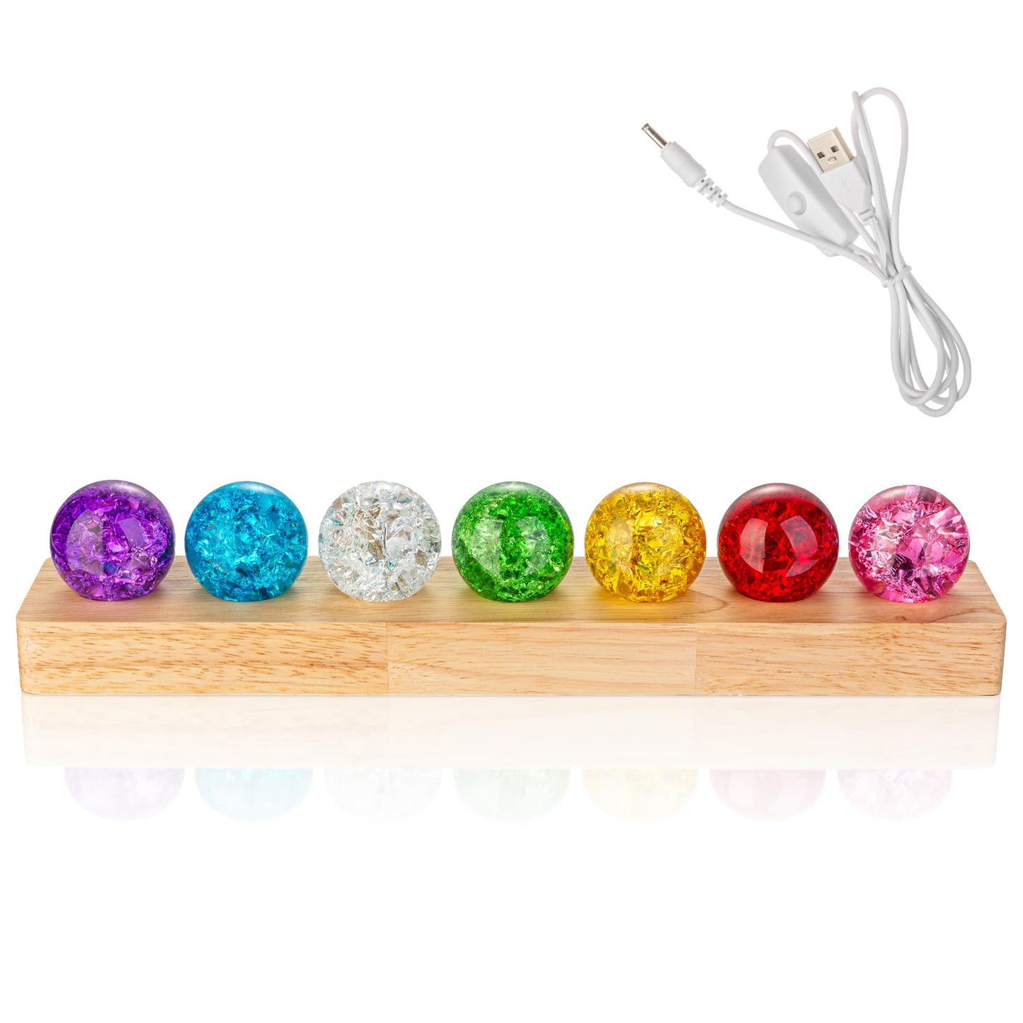 40mm 7 Colors Ice Cracked Glass Crystal Chakra Balls with LED Wooden Base