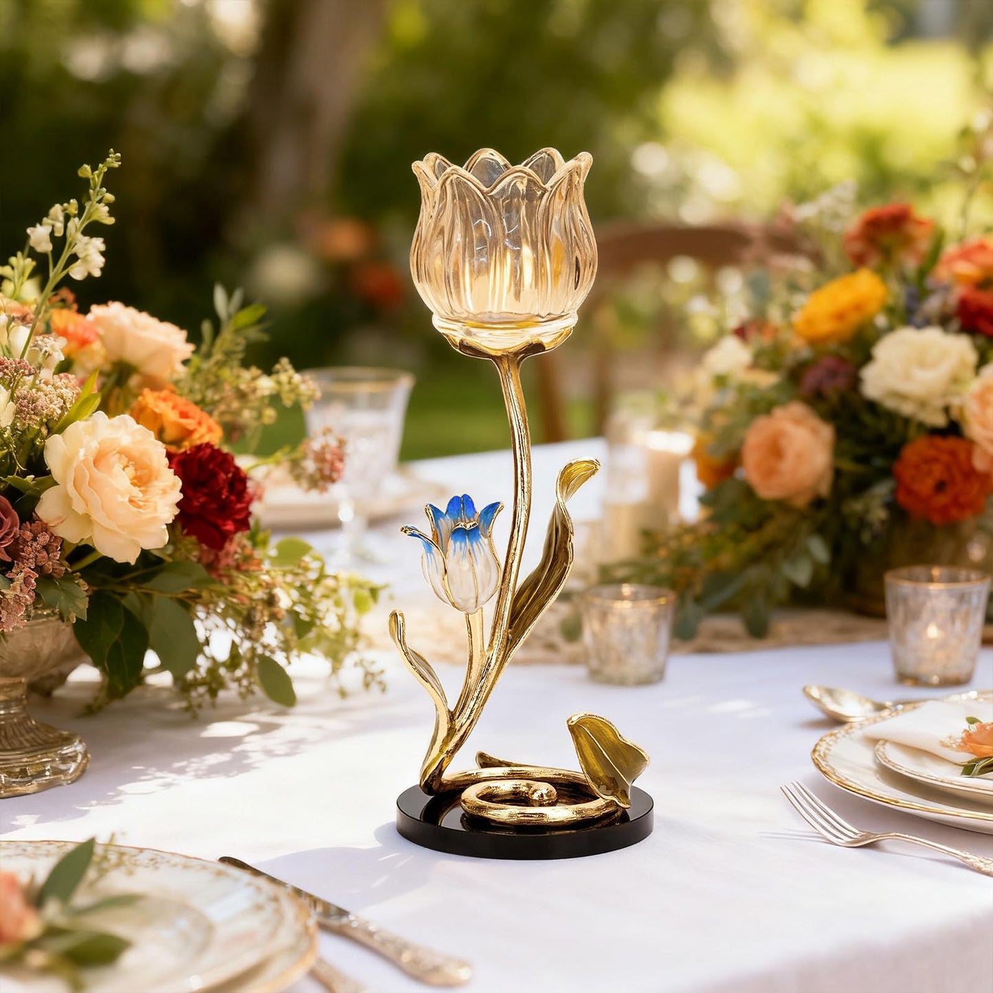 Luxury Crystal Glass Flower Candle Holder – Romantic French-Style Aromatherapy Tea Light Stand, Gold Floral Table Centerpiece for Weddings, Home Decor, Romantic Ambiance