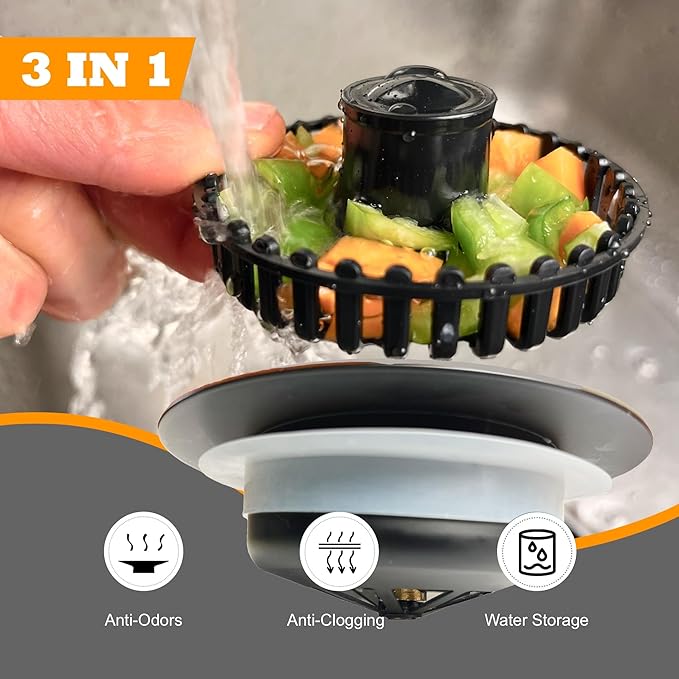 Kitchen Sink Drain Strainer 3 in 1, 304 Stainless Steel Pop Up Sink Stopper