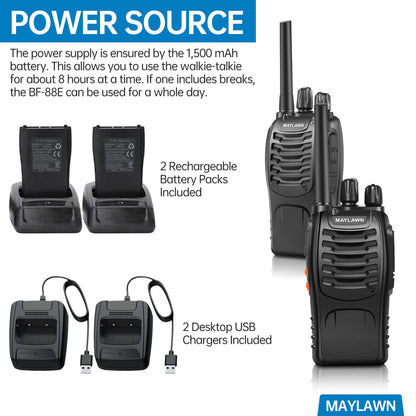 Maylawn Walkie Talkies Long Range 2Pcs, Walkie Talkies for Adults with Rechargeable Batteries, 2 Way Radio with LED Light Earpieces 16CH Supports VOX Function