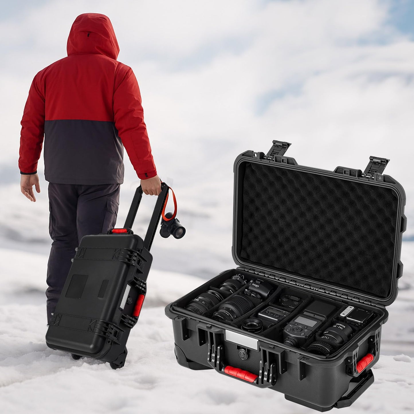 Relaxweex Black Waterproof Rolling Camera Hard Case 22x14x9 Inch, Impact-resistant Travel Case with Padded Dividers & Wheels for Cameras, Lenses & Accessories