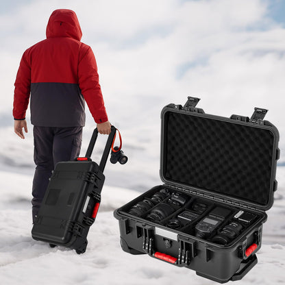 Relaxweex Black Waterproof Rolling Camera Hard Case 22x14x9 Inch, Impact-resistant Travel Case with Padded Dividers & Wheels for Cameras, Lenses & Accessories
