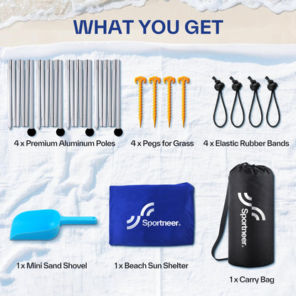 Sportneer Beach Tent, 10x10FT Beach Canopy Sun Shelter UPF50+ with Sandbags, Sand Shovels, Ground Pegs & Stability Poles, Outdoor Beach Shade Canopy for Beach Camping Fishing