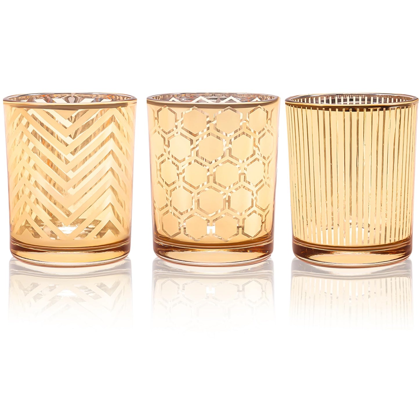 Toptime Tea Lights Candle Holder, Gold Votive Candle Holders Set of 3, Glass Tealight Holders with Geometric Stripe Wave Pattern, Centerpiece Table Decorations for Wedding Birthday Party Supplies