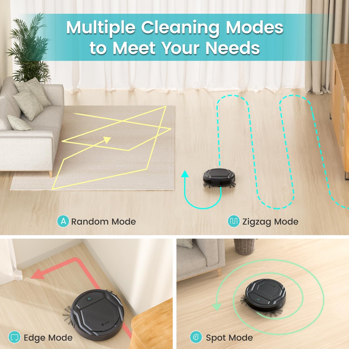 Lefant Robot Vacuum Cleaner, 120 Mins Runtime, Compact Design, Low Noise, Powerful Suction, Wi-Fi/App/Voice Control, Self-Charging, Scheduled Cleaning, Ideal for Pet Hair and Hard Floors, M210 Black