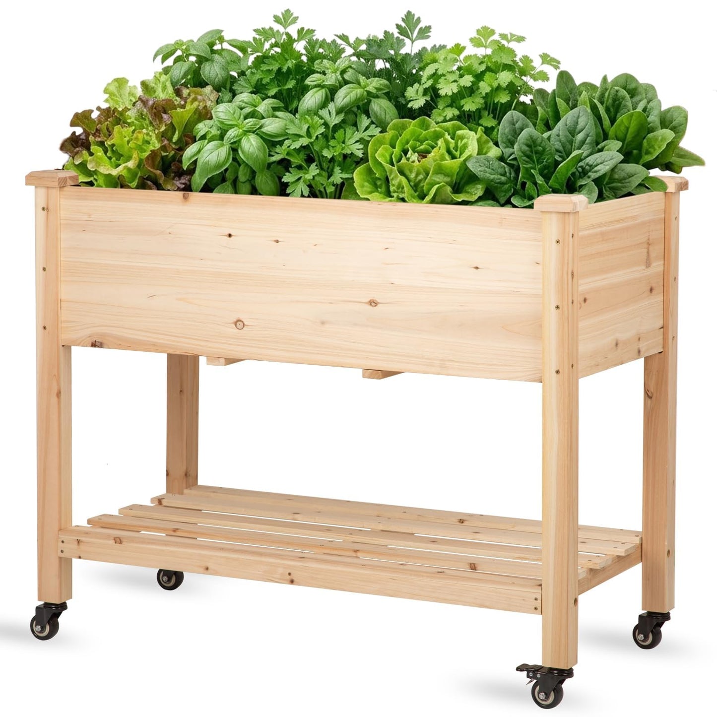 Nature Crafted Raised Garden Bed with Lockable Wheels, 40x24x32 inch Elevated Wood Planter with Storage Shelf Protective Liner for Vegetable Flower Herb Outdoor Balcony Patio Backyard, Natural