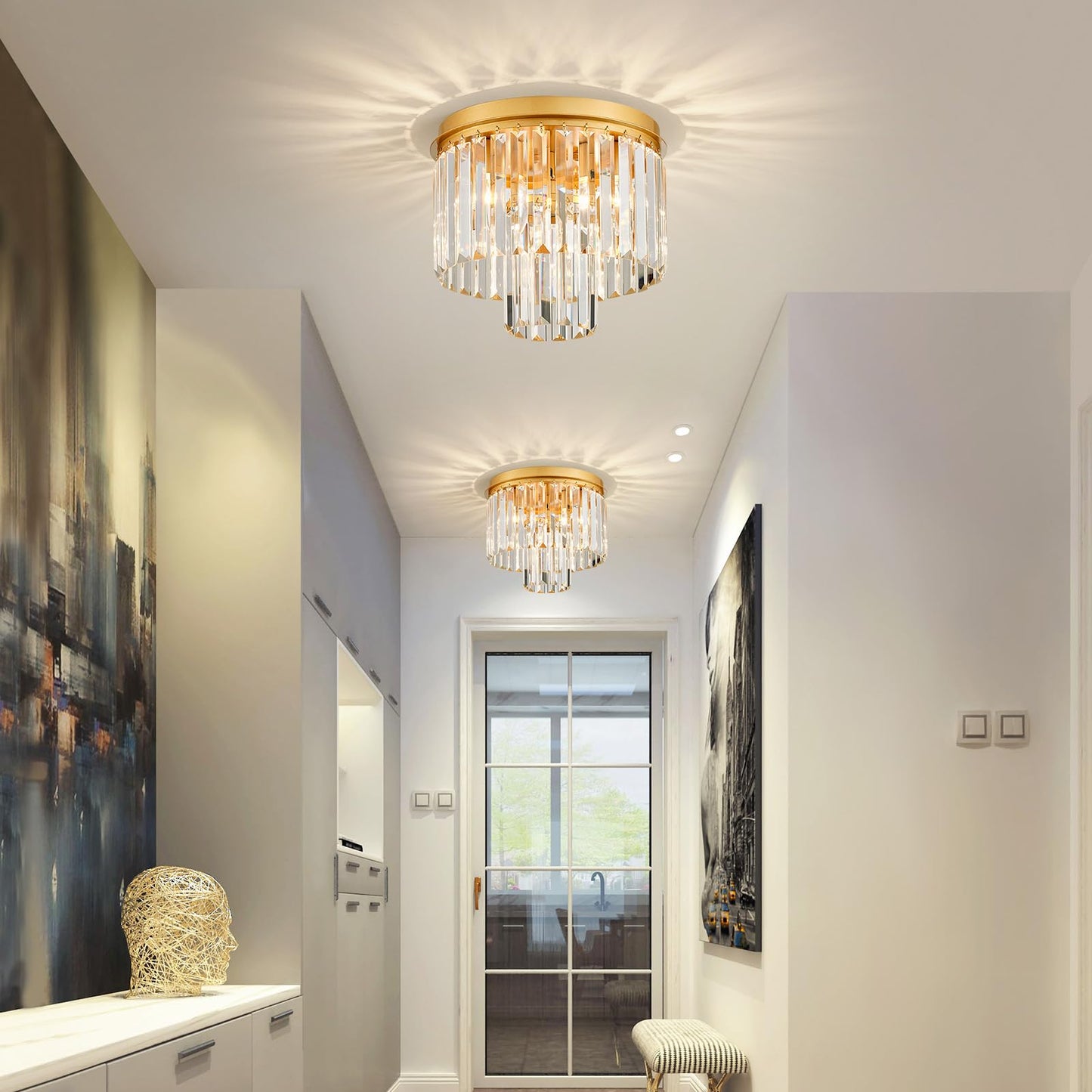 ElegLumi Crystal Ceiling Light, 3-Light Modern Flush Mount Ceiling Light Fixture for Living Room, Dinning Room, Hallway, D12 x H13inch, Brass Finish Frame & K9 Crystal