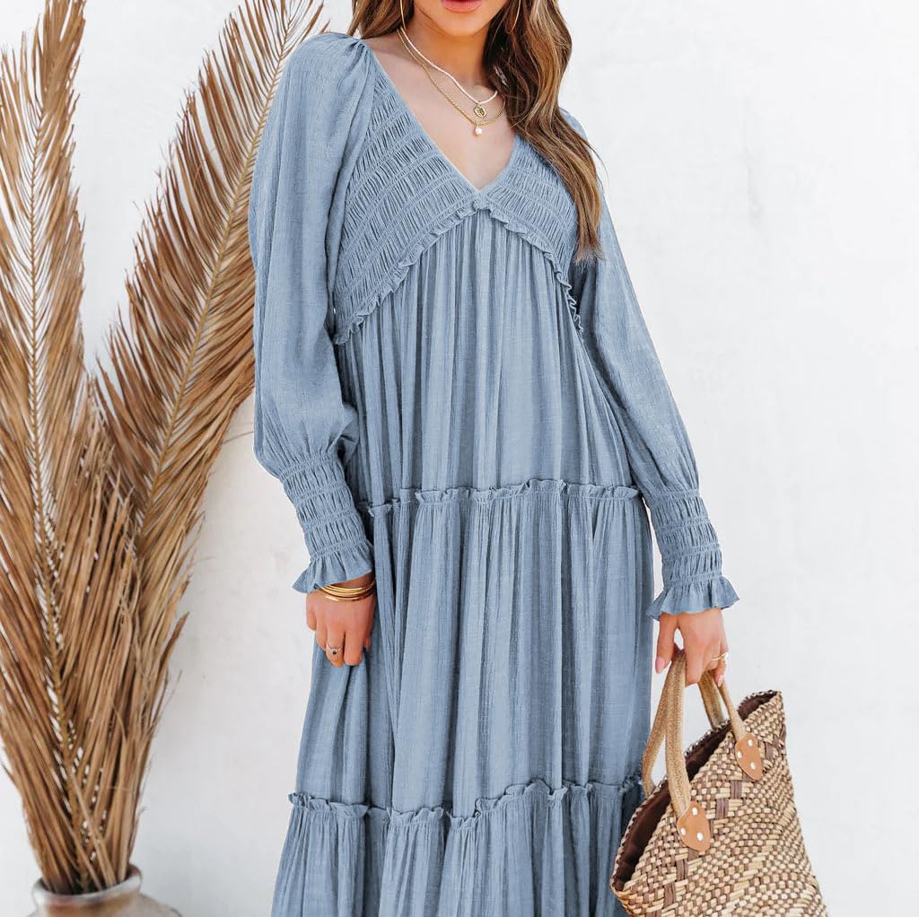 R.Vivimos Maxi Dress for Women Long Sleeve V Neck Empire Waist Layered Ruffle Boho Casual Flowy Long Dresses