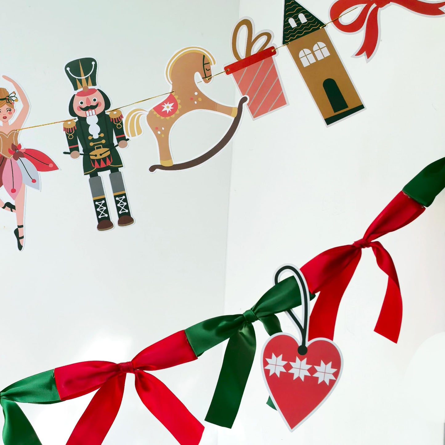 Eanjia Nutcracker Ballet Christmas Banner | Pack of 2|6ft Pre-Strung Satin Bow Garland Red & Green | 8ft DIY Paper Garland Mouse King,Tree, Bell,Castle Cutouts,for Xmas Hanging Sign Décor (Christmas)