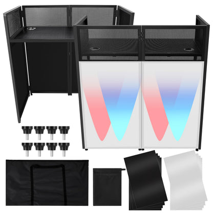 Portable DJ Facade Booth,52"L X 26"W DJ Facade with White & Black Scrim,Foldable DJ Table Station with Adjustable Feet for Party, Black Metal Frame