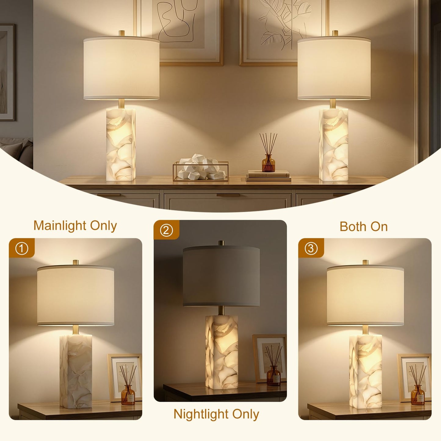 Scenekoy Alabaster Table Lamp Set of 2 with Night Light for Bedroom Living Room, 23" Rotary Switch Bedside Lamp with Linen Shade, Modern Nightstand Lamps for Room Office Dorm (Bulb Included)