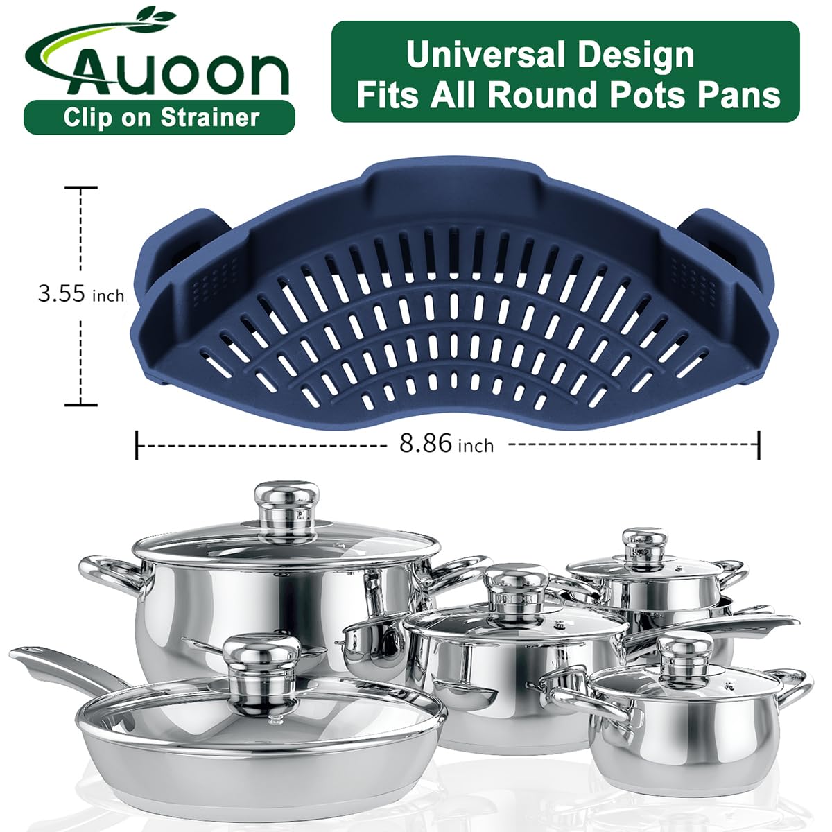 AUOON Clip On Strainer Silicone for All Pots and Pans, Pasta Strainer Clip on Food Strainer for Meat Vegetables Fruit Silicone Kitchen Colander
