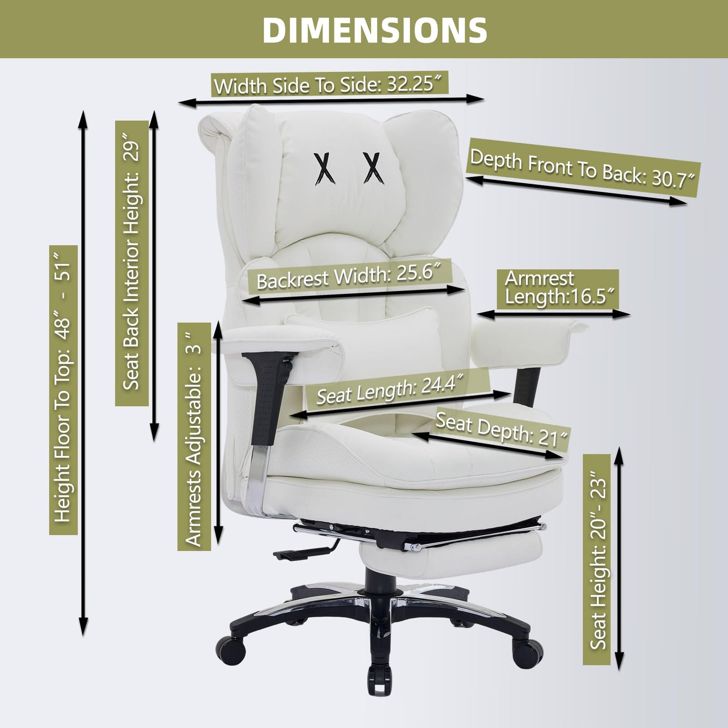 Efomao Big and Tall Office Chair 400lbs Capacity, 24.4" Extra Wide Seat Heavy Duty White Desk Chair with Footrest, Oversized Executive Computer Chair with Adjustable Armrests for Home Office