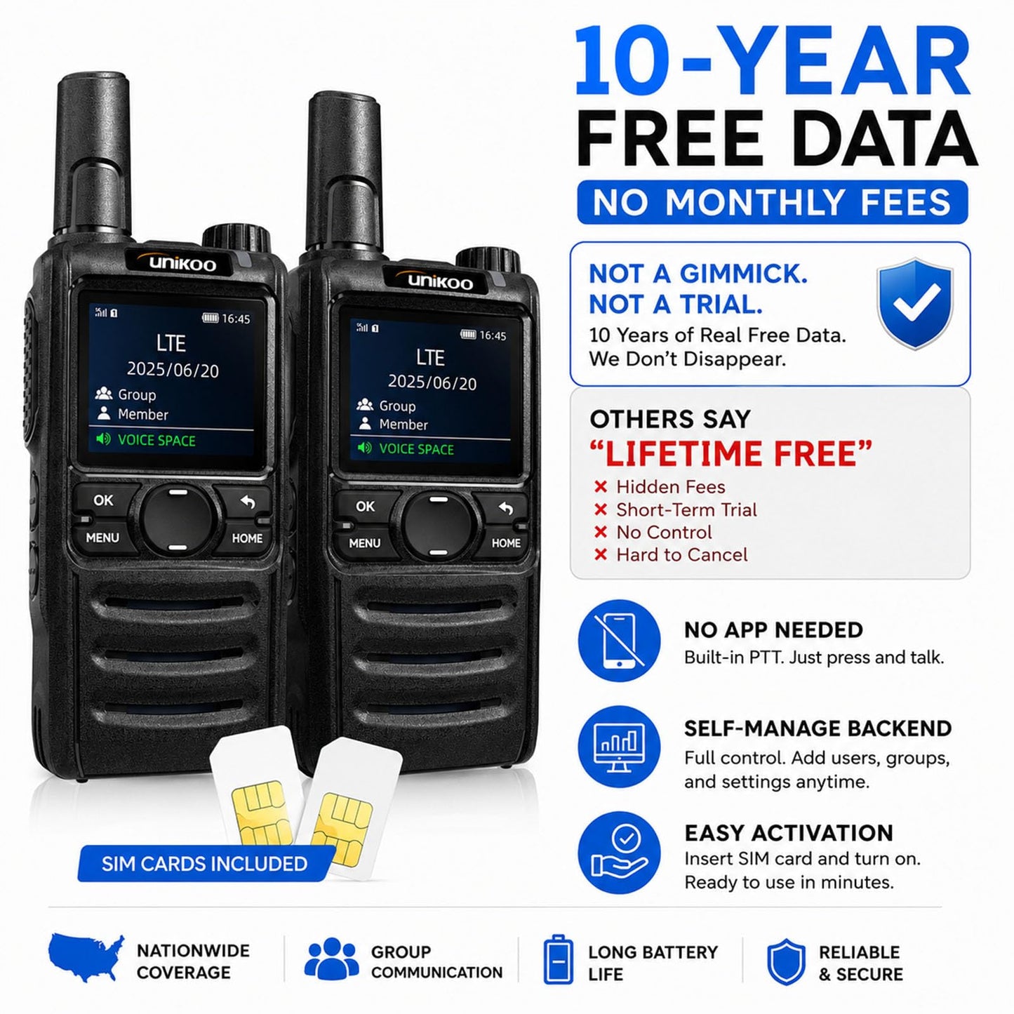 (10 Years Free Data Plan)Walkie Talkie, Rapid Nationwide Long Range, Global Unlimited Long Distance Two Way Radio, 4G LTE POC,with SIM Card for Team Management Family Logistics Security Outdoor-2 Pack
