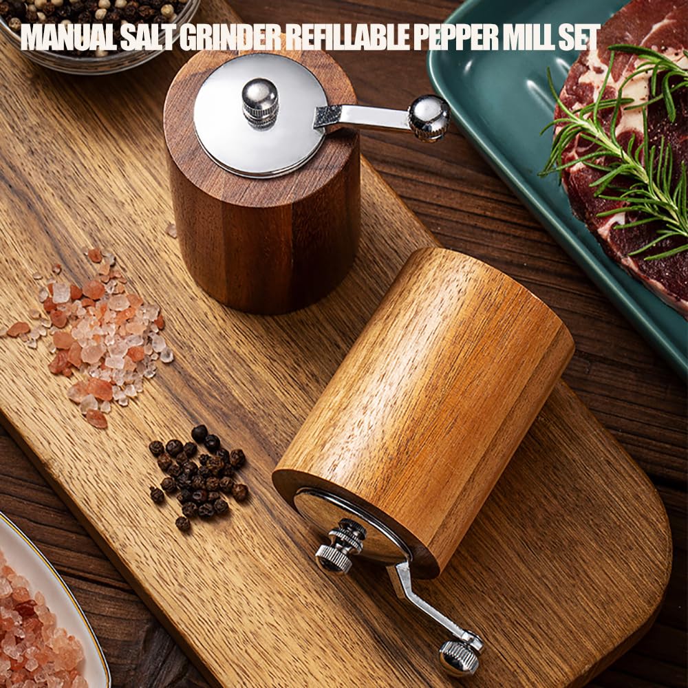 Acacia Wood Salt and Pepper Grinder Mills Sets,Wooden Shakers with Adjustable Ceramic Core,Classic Manual Salt Grinder Refillable Pepper Mill Set with a Gear Crank System for kitchen Spice