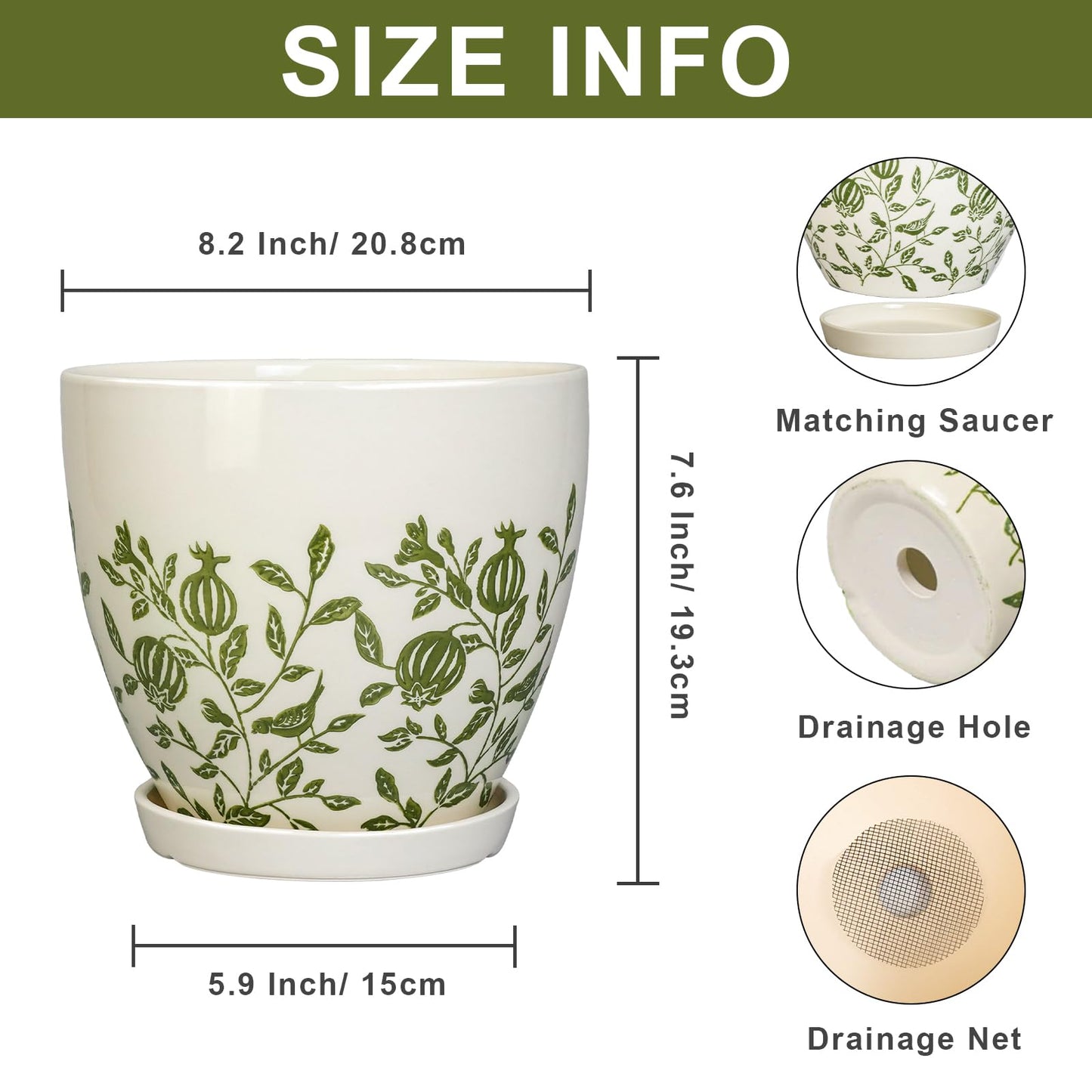 MPotTo Ceramic Planter - 8.2 Inch Plant Pot for Indoor Outdoor Plants, Boho Round Ceramic Flower Pot with Drainage Hole and Saucer, Gifts for Plant Lovers, Home Garden Apartment Decor, White