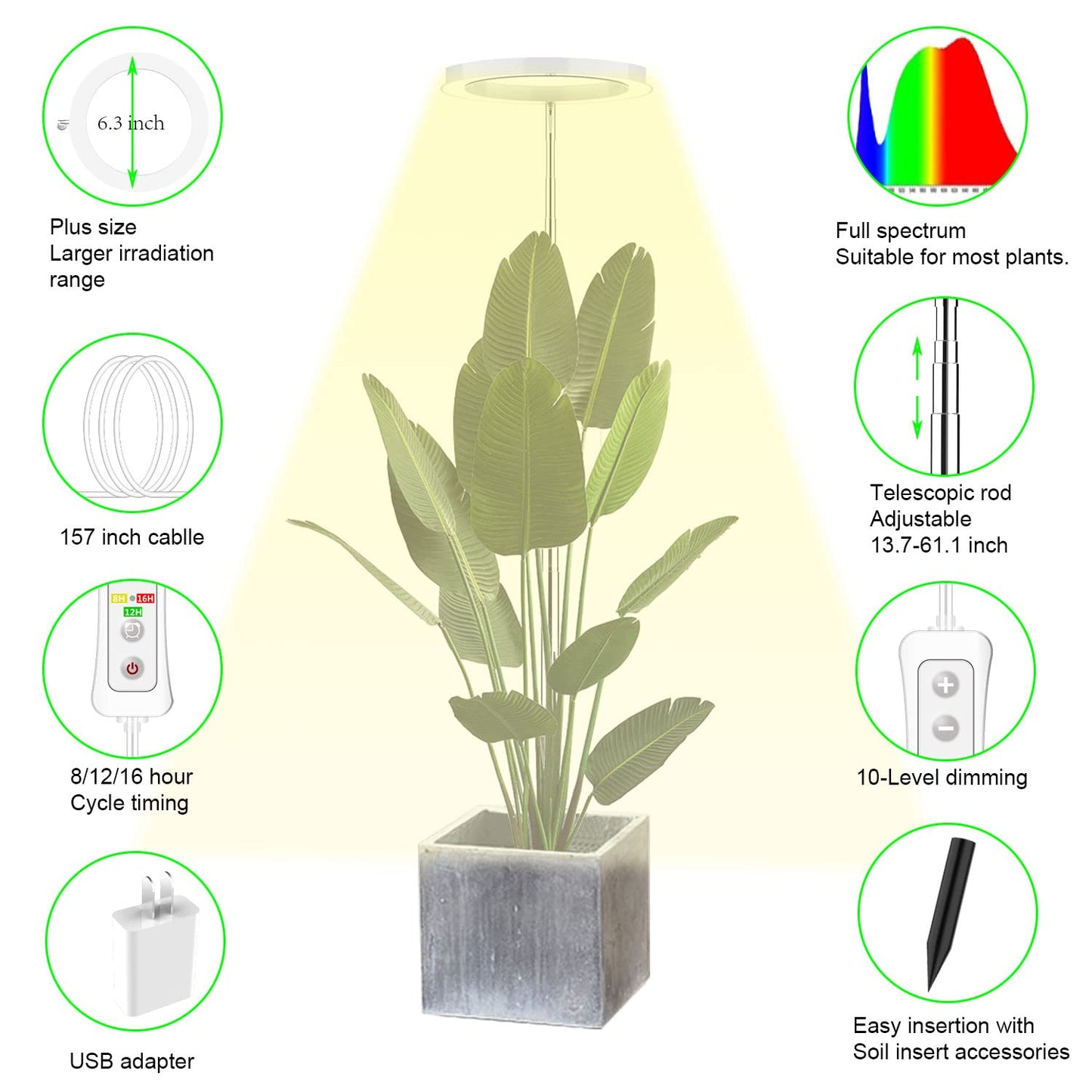 Plant Grow Light,yadoker LED Growing Light Full Spectrum for Indoor Plants,Height Adjustable, Automatic Timer, 5V Low Safe Voltage