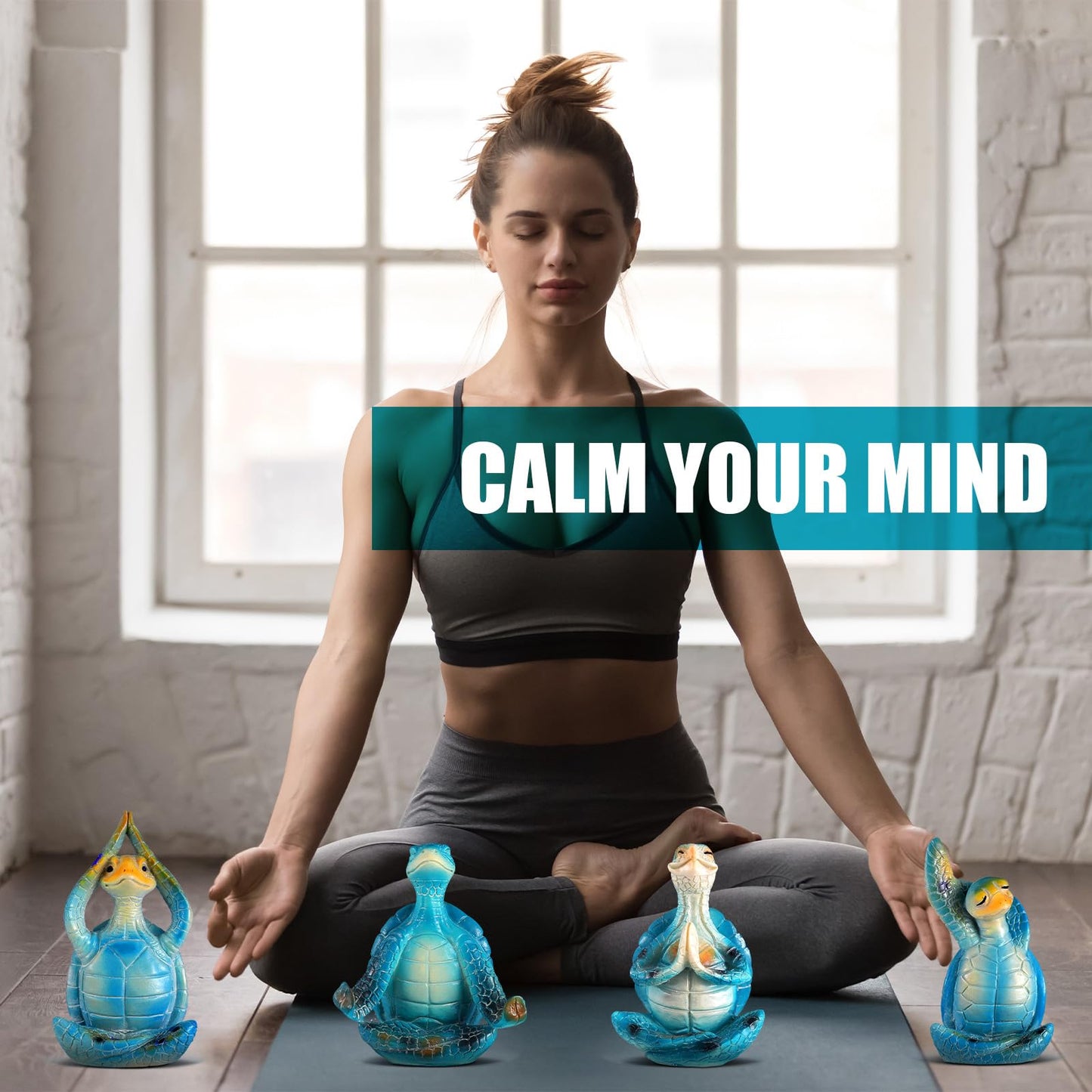 Briwooody 4 Pcs Sea Turtle Meditation Yoga Decor Office Beach Zen Room Decor Sea Turtles Yoga Figurines Coastal Ocean Beachy Bathroom Turtle Gifts for Women Yogis Home Office Decorations(Classic)