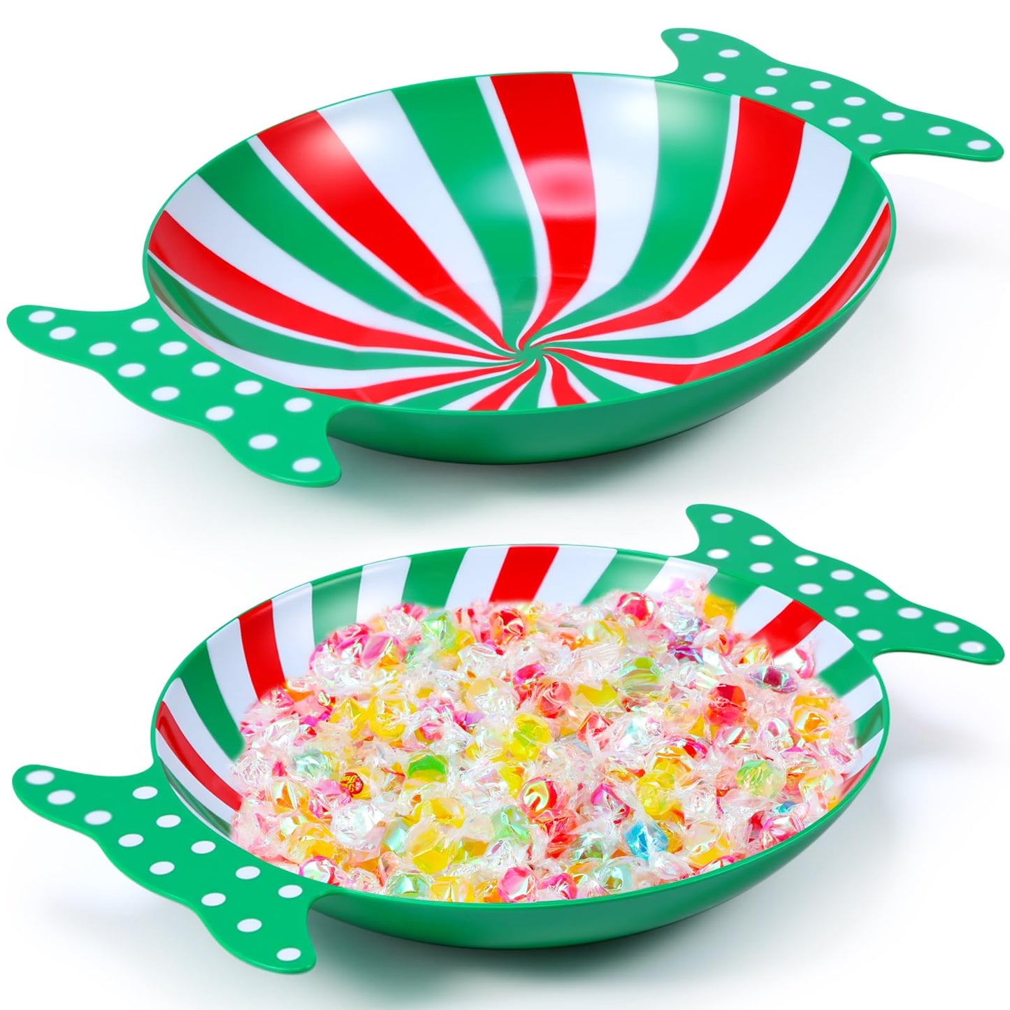 Wiwiqing 2 Pcs Christmas Peppermint Candy Tray Dishes Red Candy Platter Plastic Serving Dessert Plates Tableware Christmas Decorative Plates Dinnerware for Xmas Holiday Party Favor(Green)