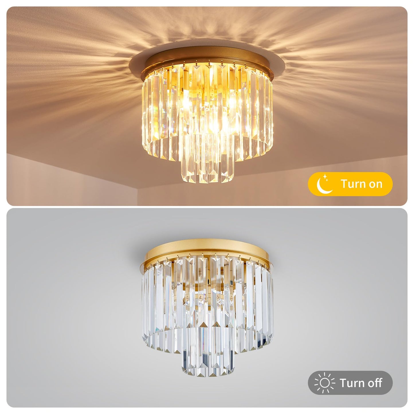 ElegLumi Crystal Ceiling Light, 3-Light Modern Flush Mount Ceiling Light Fixture for Living Room, Dinning Room, Hallway, D12 x H13inch, Brass Finish Frame & K9 Crystal