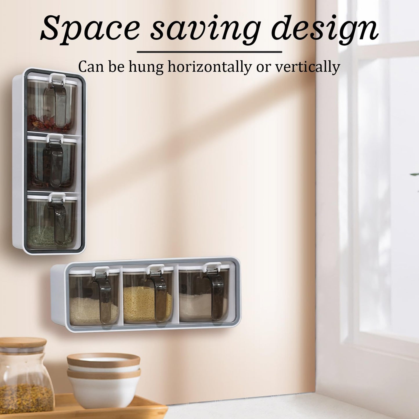 LELE LIFE Wall Mounted Seasoning Box, Set of 3 Seasoning Containers with Lid and Spoon, Self Adhesive Clear Condiment Jars Pots for Spice Sugar Salt Pepper (white)