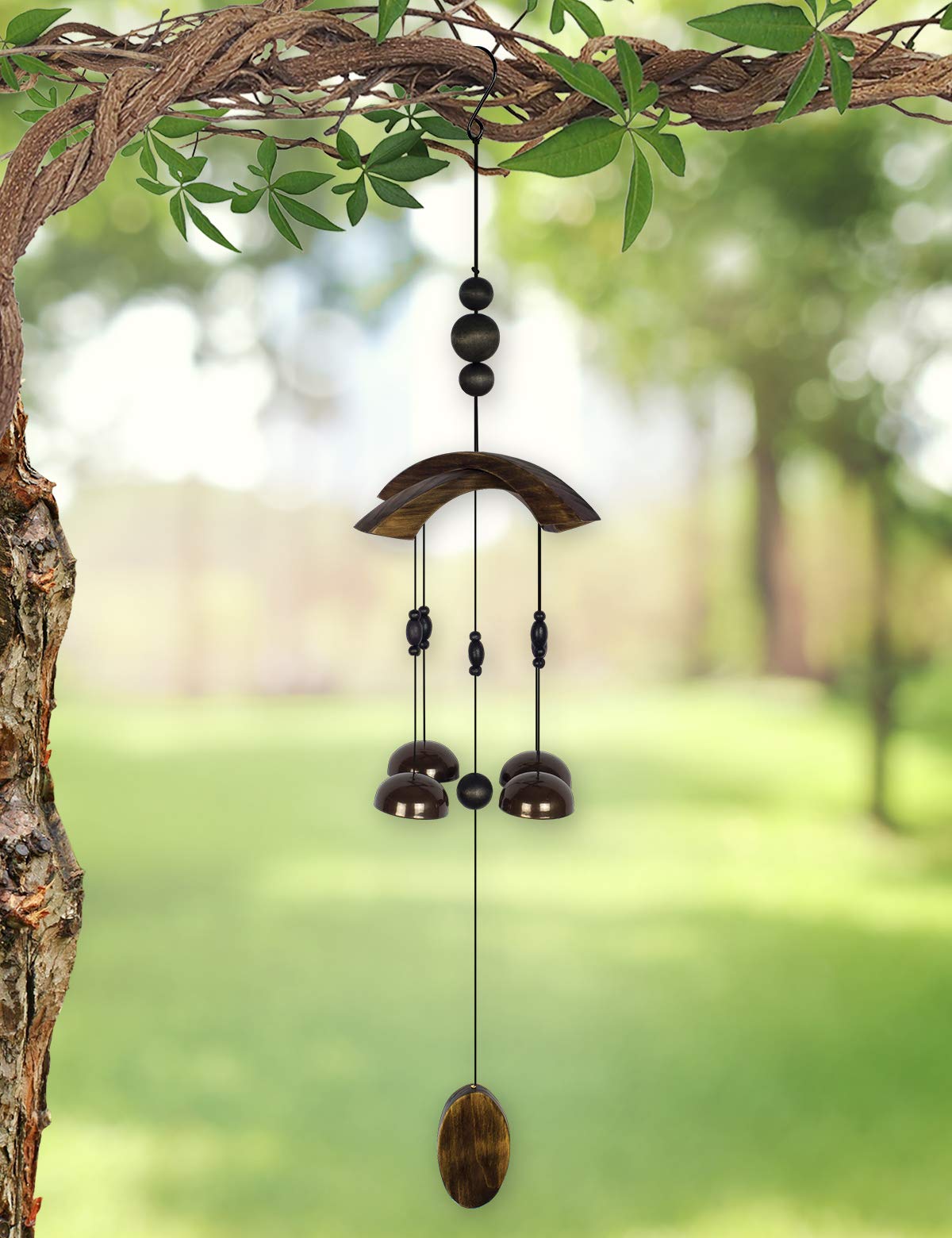 Sunset Vista Designs 91954 Asian Bell Chimes Wood and Metal Wind-Bells Wind Chime for Patios Porches and More, 29-Inches Long, Sago Palm