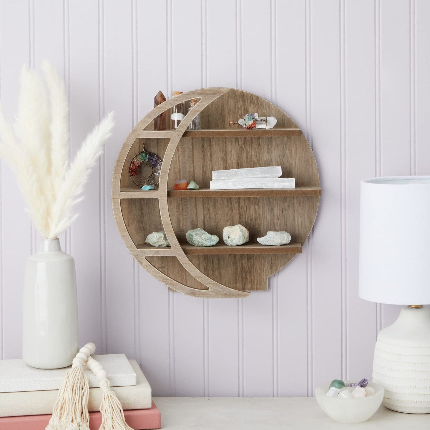 Farmlyn Creek Wooden Crescent Moon Shelf - Rock Shelf & Wall Holder for Stones - Essential Oil Display & Crystal Organizer - Free-Standing Rack - Rustic Brown, 12 x 12 x 3 in