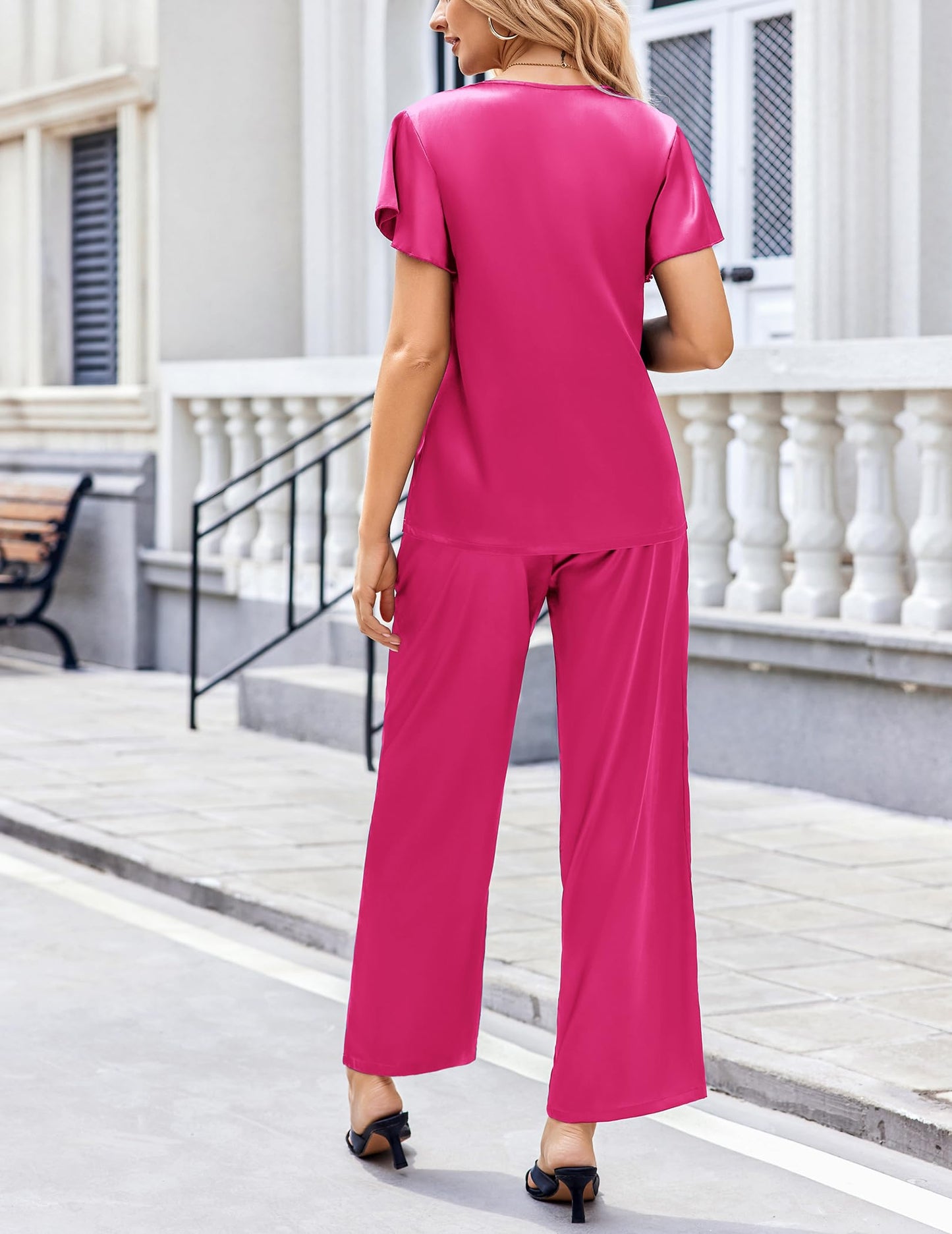 Ekouaer Women's Satin Silky Pajama Set 2 Piece Short Sleeve Shirt with Long Pants Pjs Sets Soft PJ Loungewear S-XXL