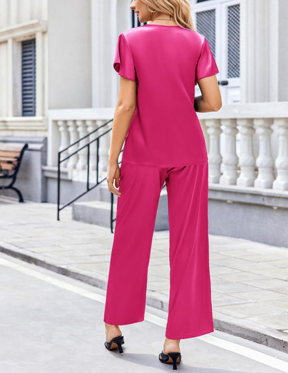 Ekouaer Women's Satin Silky Pajama Set 2 Piece Short Sleeve Shirt with Long Pants Pjs Sets Soft PJ Loungewear S-XXL