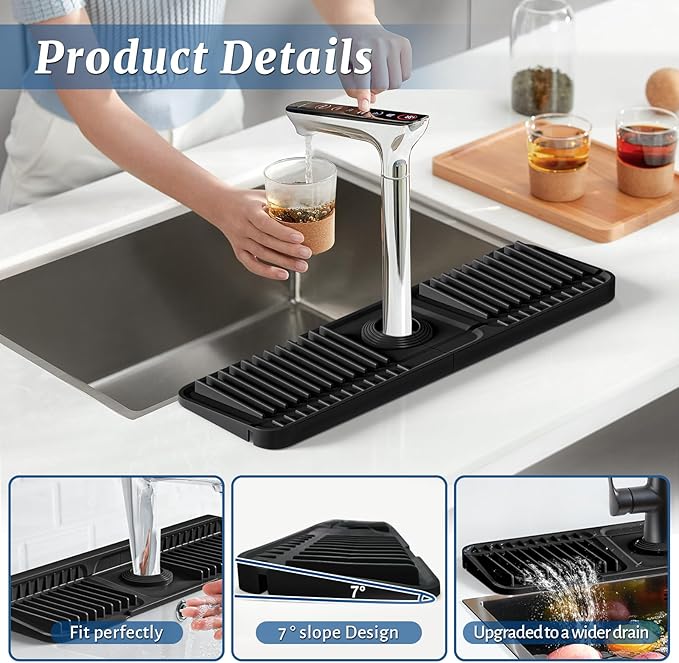PoYang 17.7 inch Faucet Mat for Kitchen Sink Splash Guard, 7° Slope Silicone