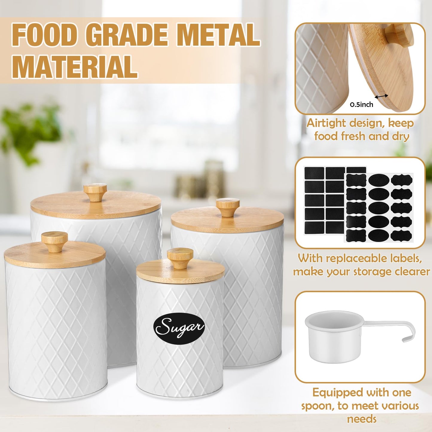 Teenyyou Metal Kitchen Canisters Set with Bamboo Lids and Spoon Airtight High Capacity Coffee Tea Sugar Flour Jars with DIY Labels Farmhouse Extra Large Storage Containers for Kitchen(4 Set,4 Sizes)