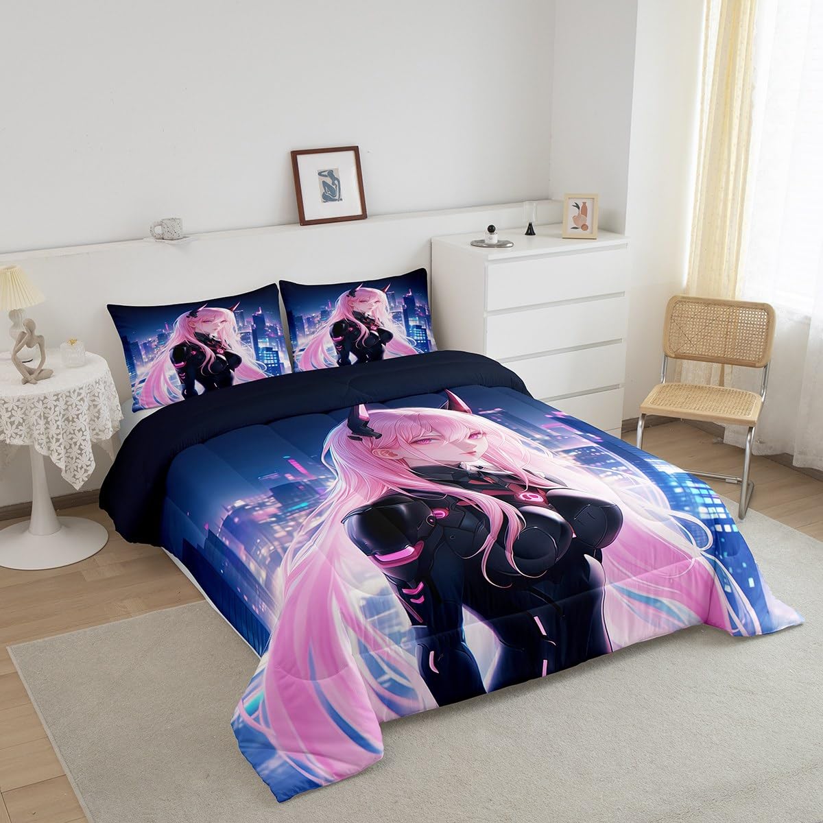 Erosebridal Japanese Anime Comforter Set Twin Size, Anime Girl Bedding Set Kawaii Japanese Style Quilt Cartoon Japan Animation Duvet Insert for Boys Teens Adult Women Bedroom Decor