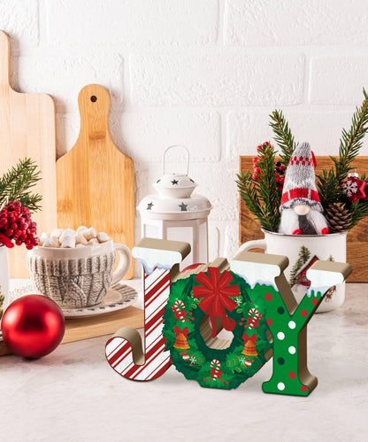 Putuo Decor Christmas Table Decor, Red Joy Christmas Letters Decorations Indoor with Wreath Candy Cane Pattern, Wooden Joy Christmas Sign for Home Fireplace Mantel Xmas Holiday Decor
